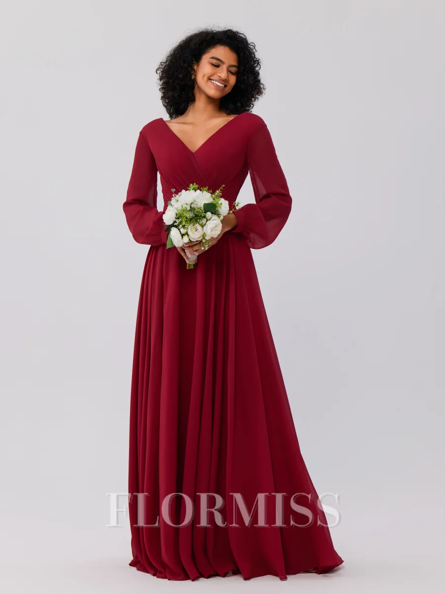 A-line kjole kjole Chiffong Ruched V-hals Lange ermer Gulvlengde Brudepikekjoler