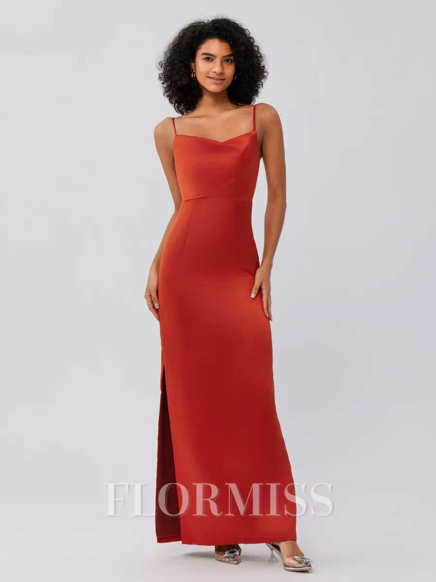 Sheath Satin Ruched Spaghetti Ermeløs Ankel-Lengde Brudepikekjoler