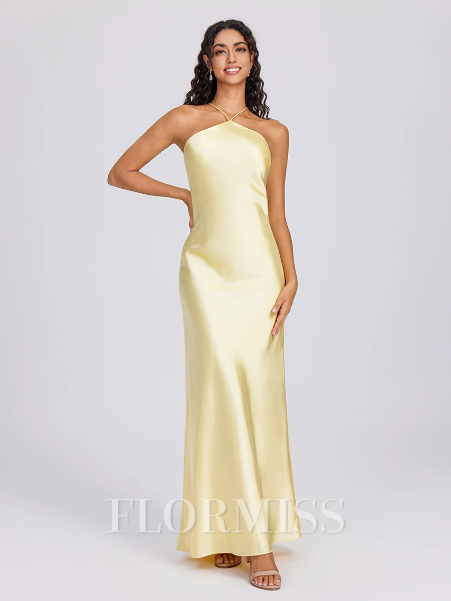 Sheath Halterneck Gulvlengde Silkeeaktig Sateng Brudepikekjoler