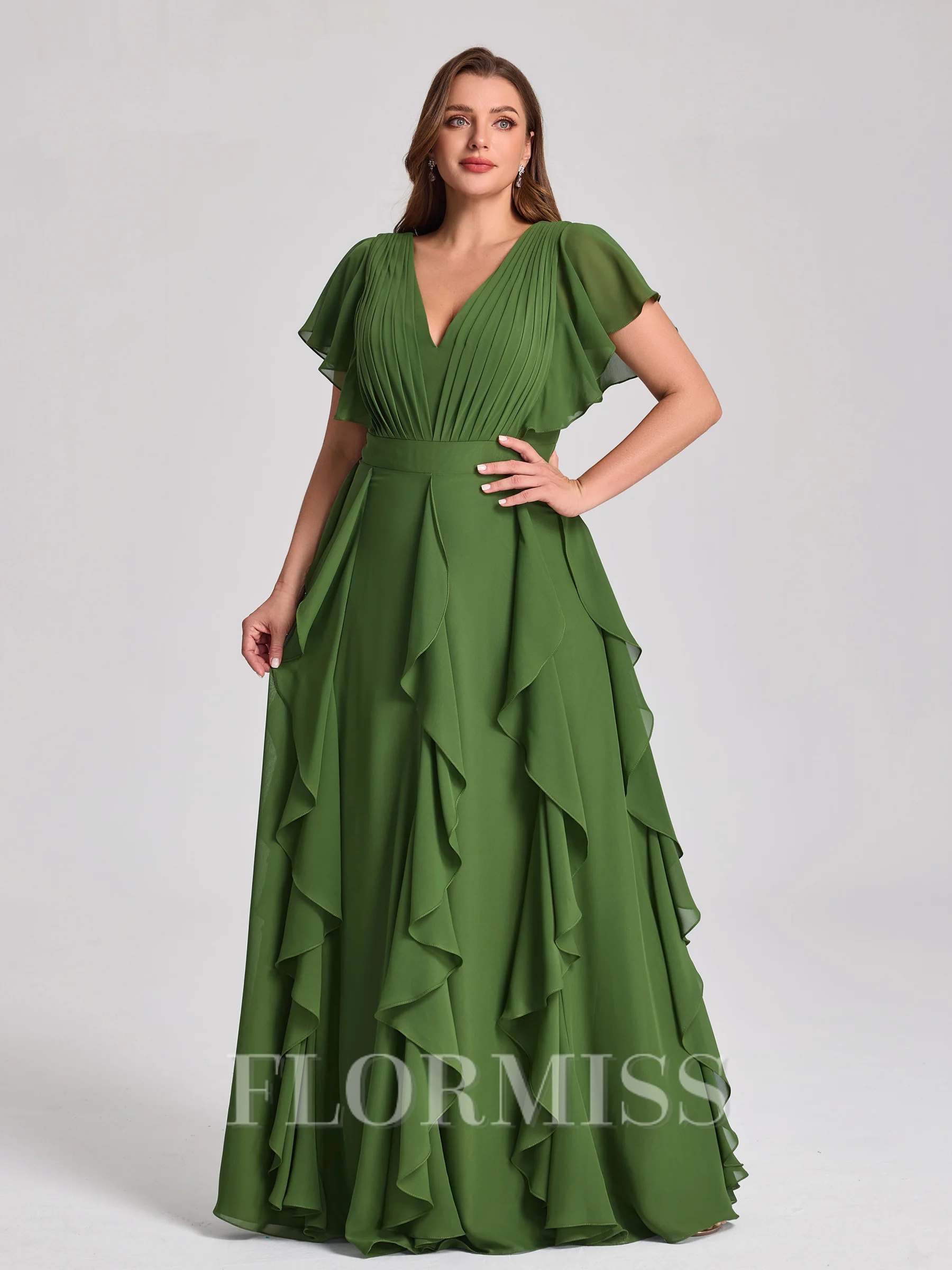 A-line kjole V-hals Kortermer Volanger Gulvlengde Chiffong Korsett Plus Size Brudepikekjoler