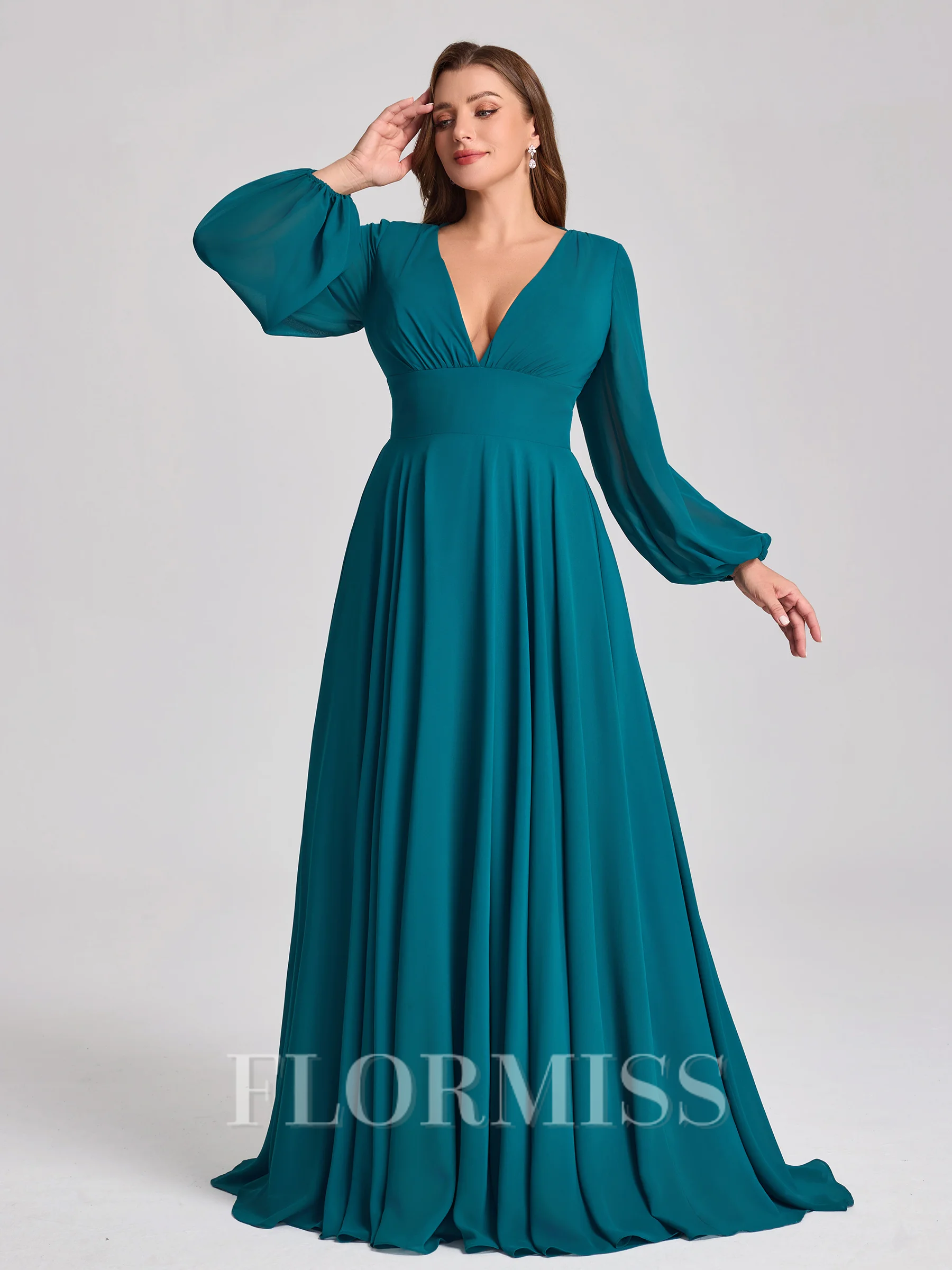 A-line kjole V-hals Lange ermer Plissert Sweep/Børste train Chiffong Korsett Plus Size Brudepikekjoler
