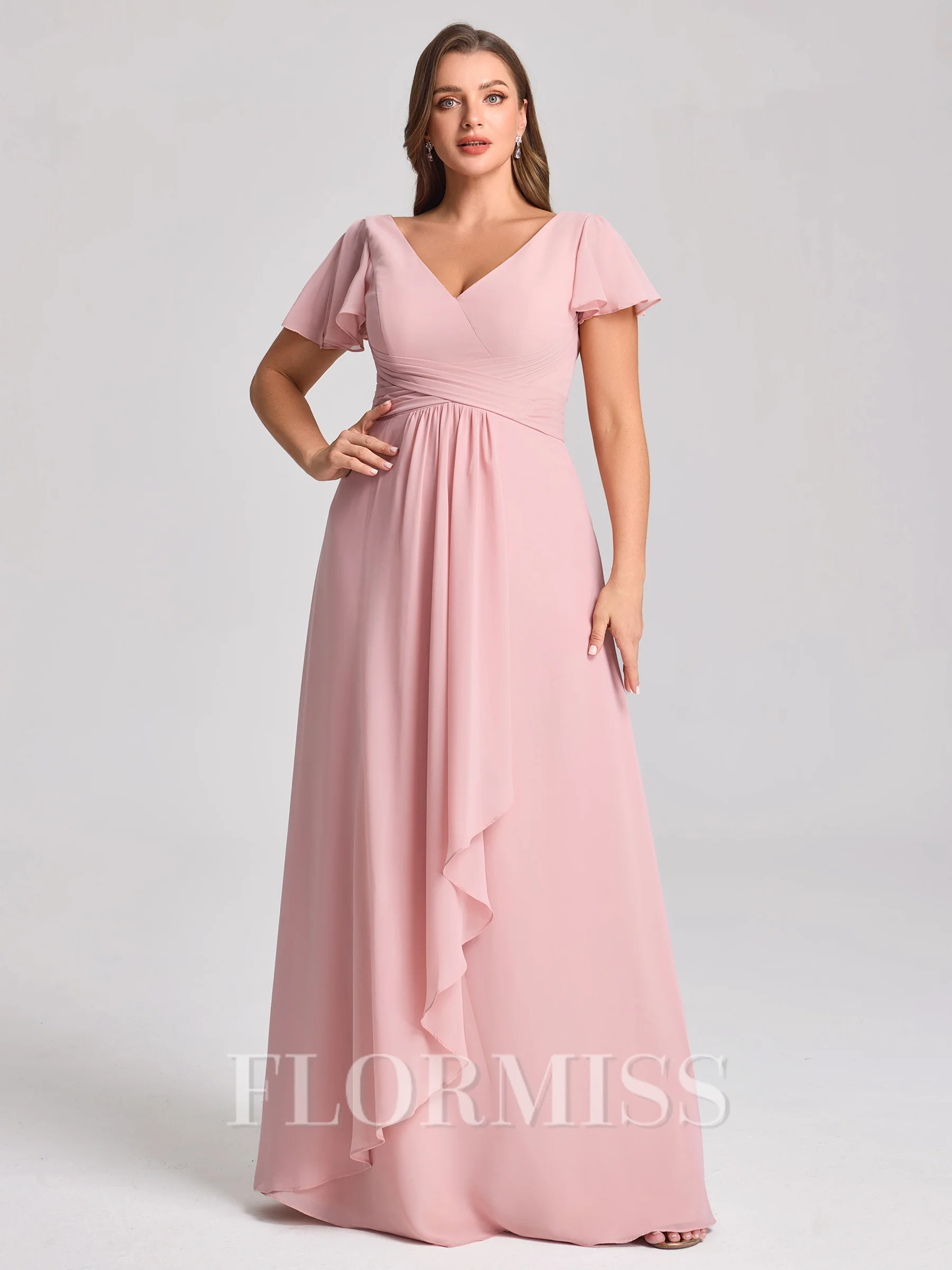 A-line kjole V-hals Kortermer Plissert Gulvlengde Chiffong Korsett Plus Size Brudepikekjoler