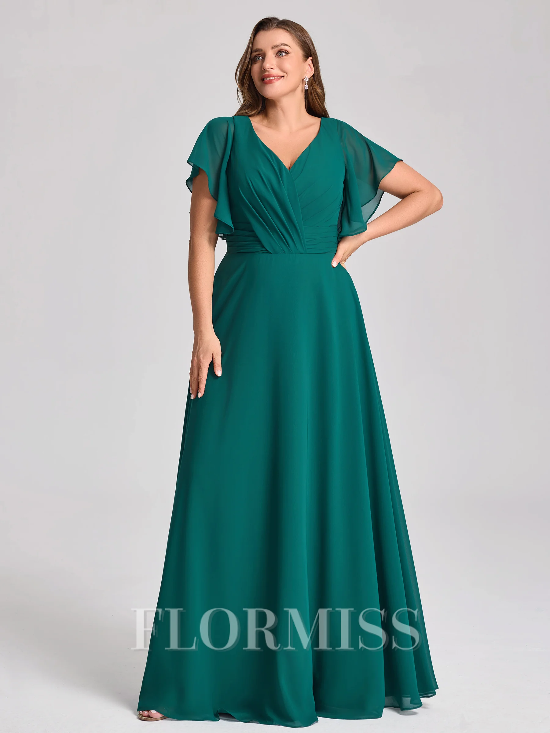 A-line kjole V-hals Kortermer Plissert Gulvlengde Chiffong Korsett Plus Size Brudepikekjoler