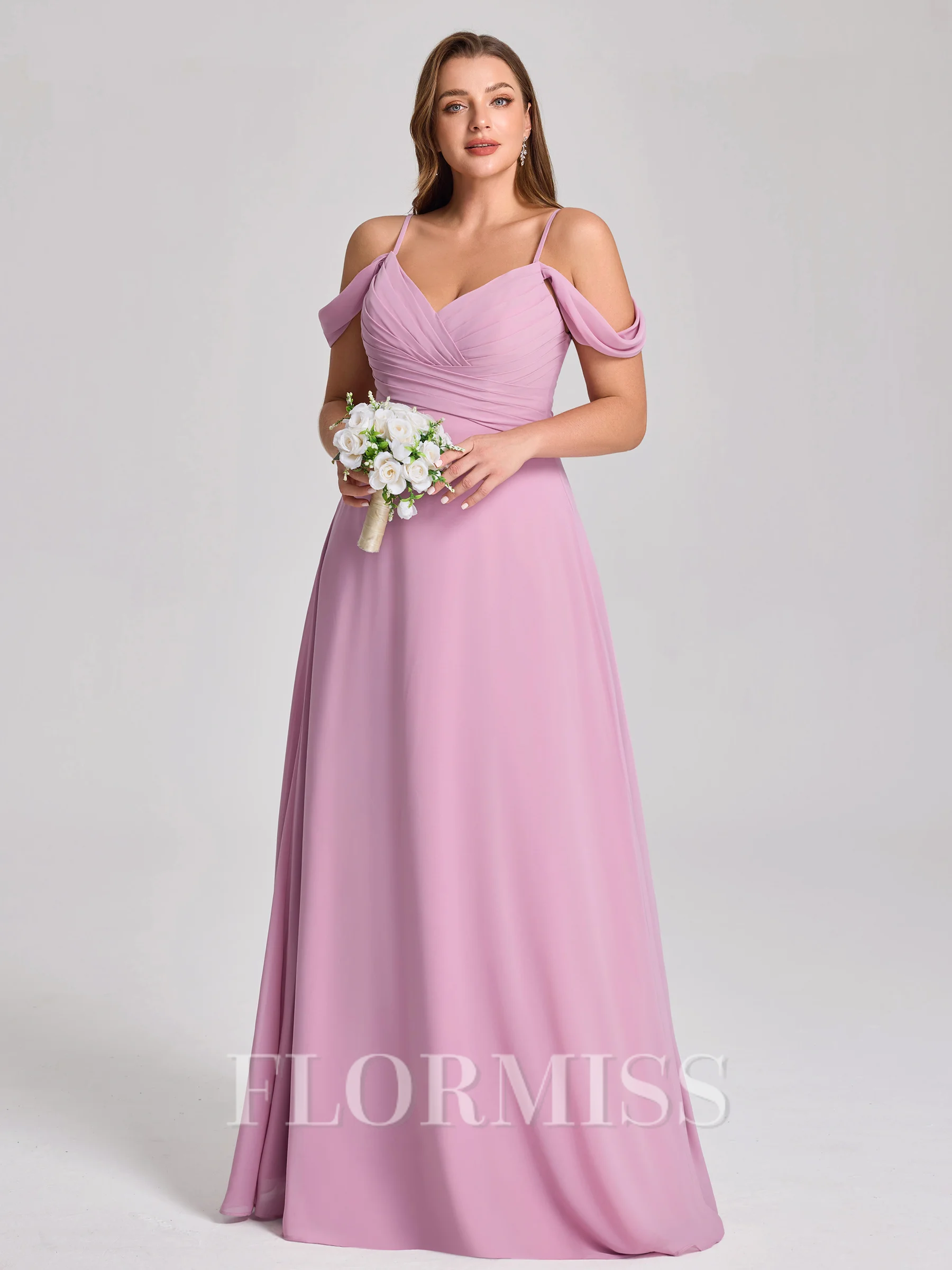 A-line kjole Kald Skulder Plissert Gulvlengde Chiffong Korsett Plus Size Brudepikekjoler