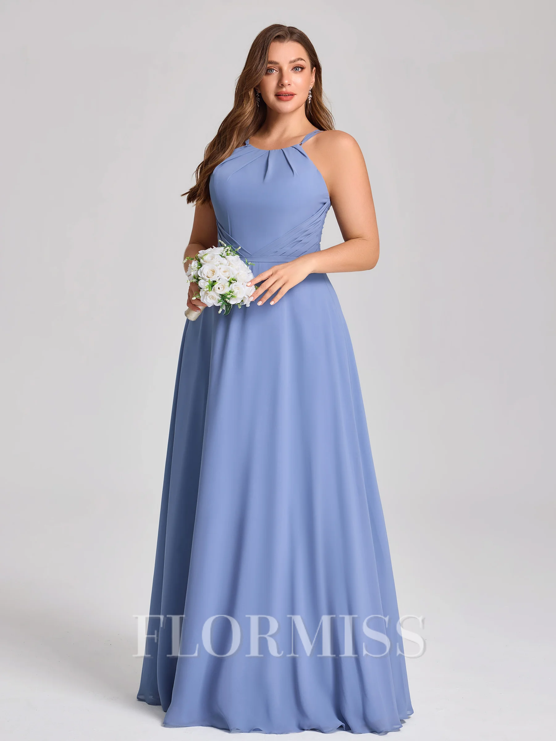 A-line kjole Halterneck Plissert Gulvlengde Chiffong Korsett Plus Size Brudepikekjoler