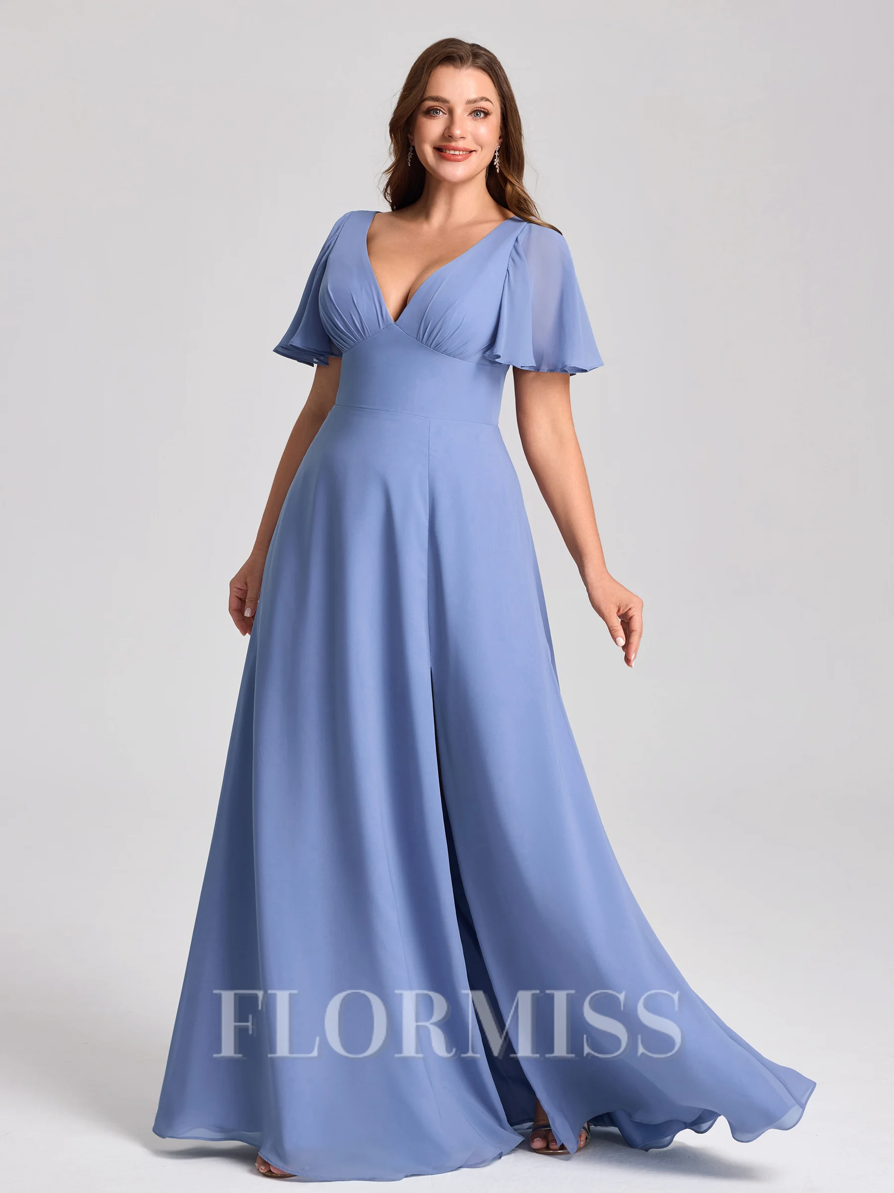 A-line kjole V-hals Kortermer Plissert Gulvlengde Chiffong Korsett Plus Size Brudepikekjoler