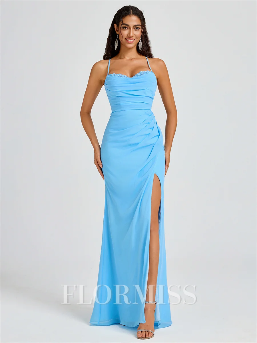 Sheath Spaghetti Plissert Gulvlengde Chiffong Brudepikekjoler
