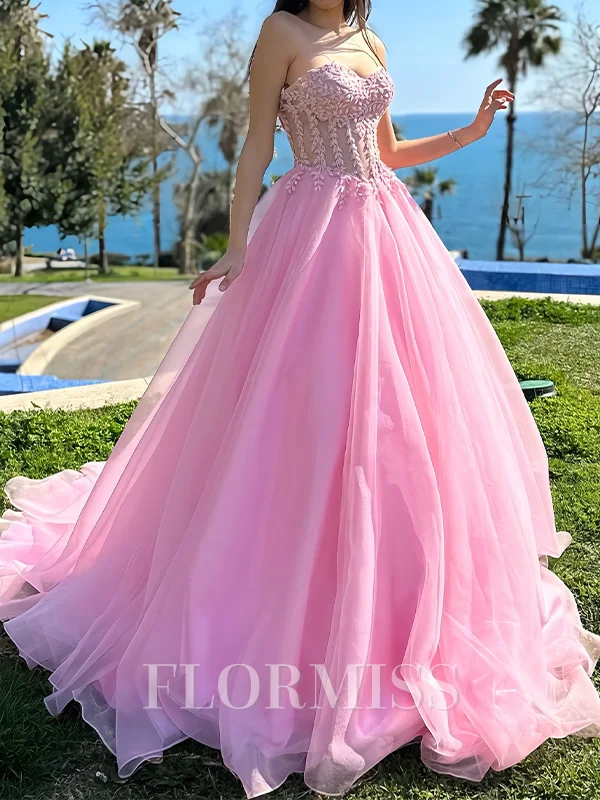 A-line kjole Sweetheart Applikasjoner Blonder Bane-tog Organza Kjole
