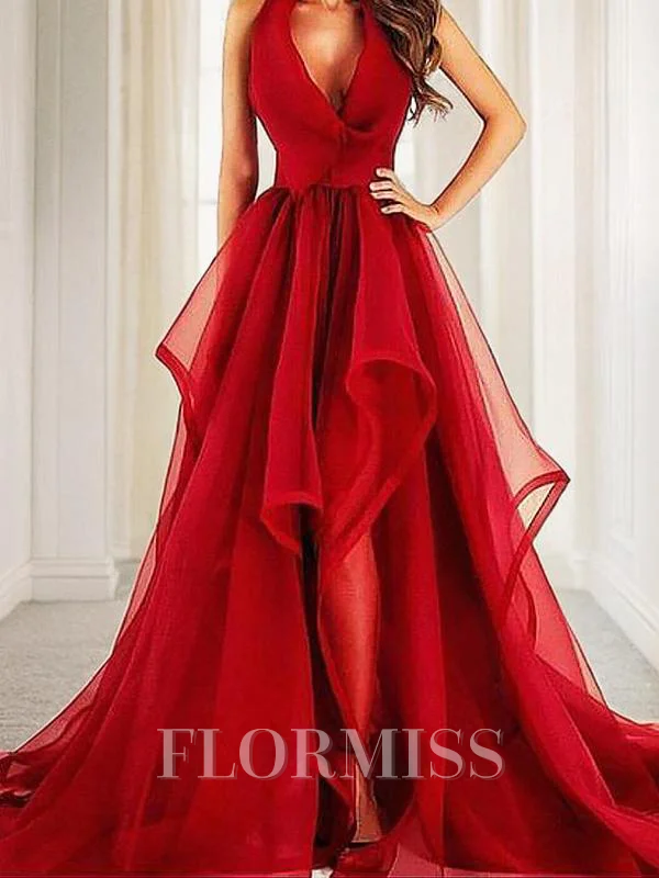 A-line kjole V-hals Bane-tog Organza Ballkjole Med Volanger