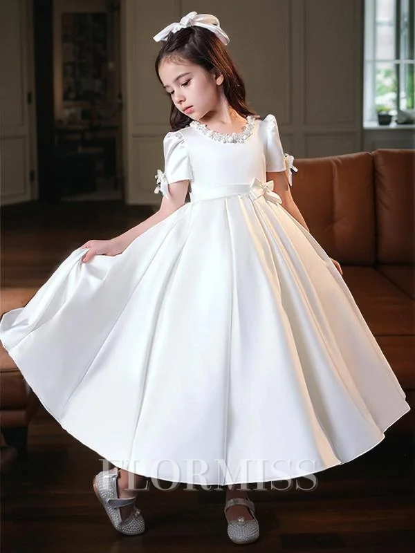 A-line kjole Juvel Te-Lengde Satin Blomsterjente Kjolees Med Belte/Sash