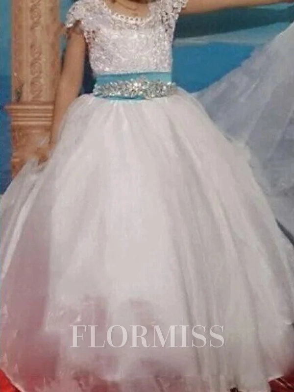 Ballkjole/Prinsesse Scoop Gulvlengde Organza Blomsterjente Kjolees Med Belte/Sash