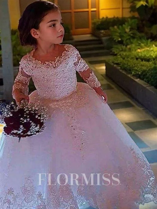 Ballkjole/Prinsesse Scoop Gulvlengde Tyll Blomsterjente Kjolees Med Applikasjoner Blonder