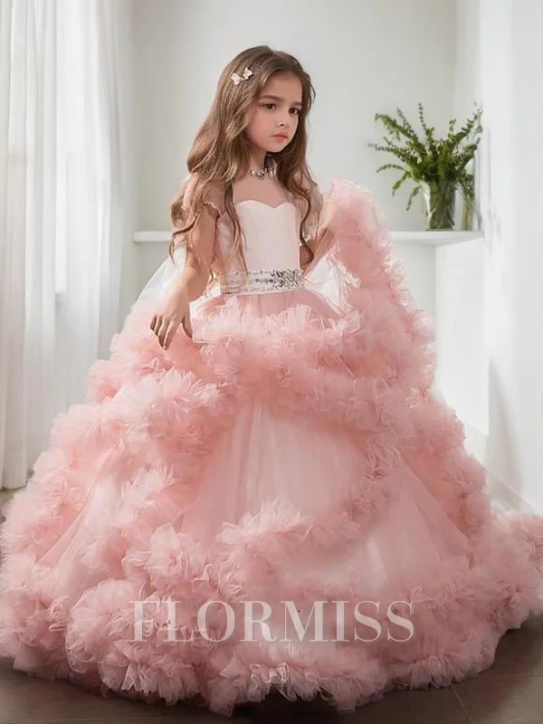 Ballkjole/Prinsesse Juvel Gulvlengde Tyll Blomsterjente Kjolees Med Rhinen Stein