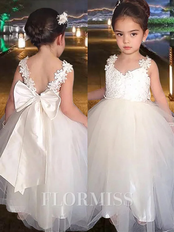 Ballkjole/Prinsesse Sweetheart Gulvlengde Tyll Blomsterjente Kjolees Med Bue
