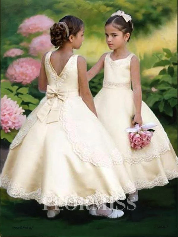 Ballkjole/Prinsesse Scoop Ankel-Lengde Satin Blomsterjente Kjolees Med Bue
