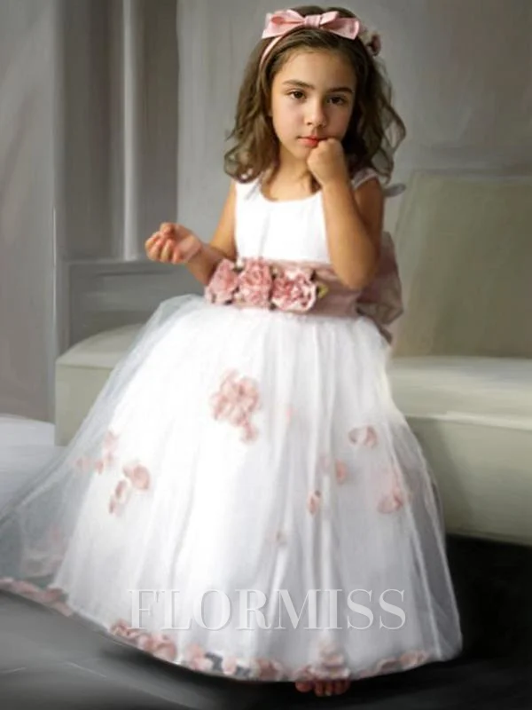 A-line kjole Scoop Gulvlengde Tyll Blomsterjente Kjolees Med Belte/Sash