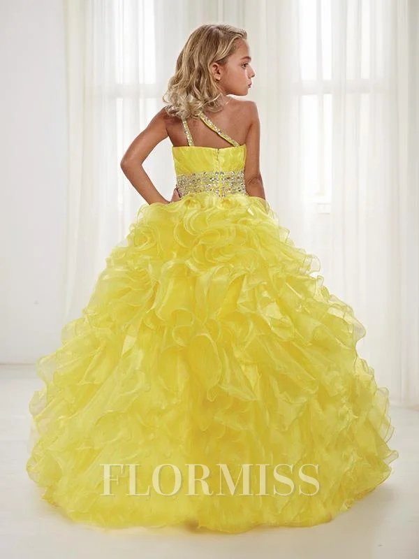 Ballkjole/Prinsesse En skuldret Gulvlengde Organza Blomsterjente Kjolees Med Profilering