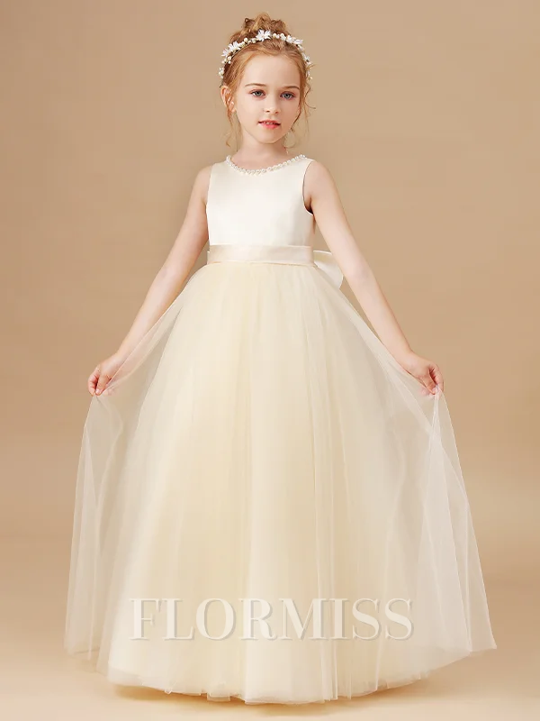 A-line kjole Scoop Gulvlengde Tyll Blomsterjente Kjolees Med Belte/Sash