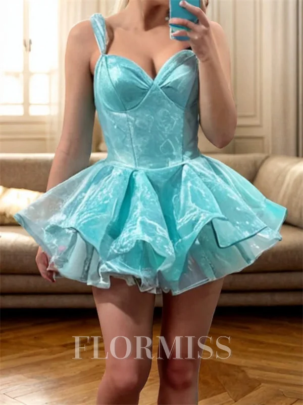 A-line kjole Sweetheart Volanger Kort/Mini Organza Kjole