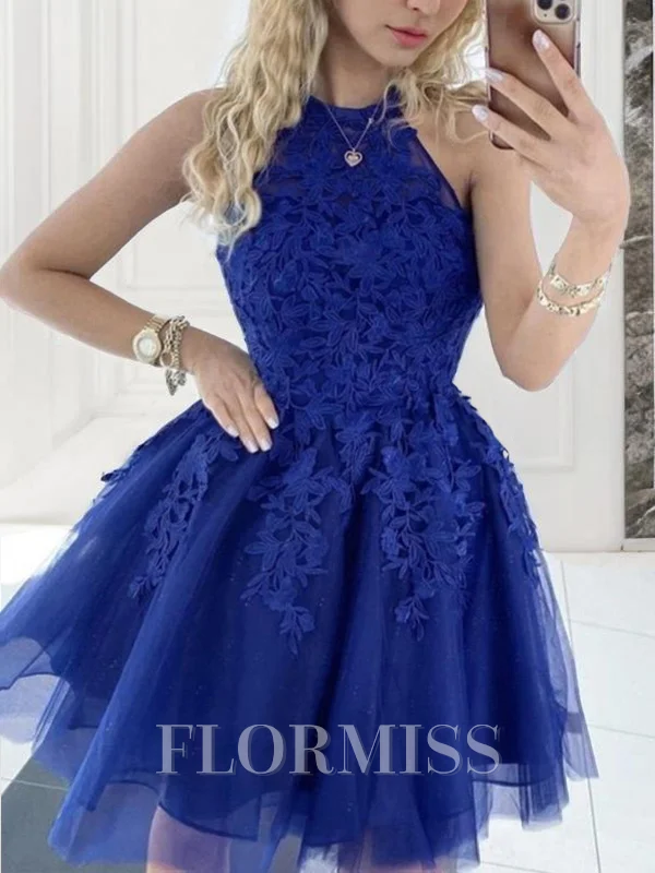 A-line kjole Halterneck Kort/Mini Tyll Motekjoler med Applikasjoner Blonder