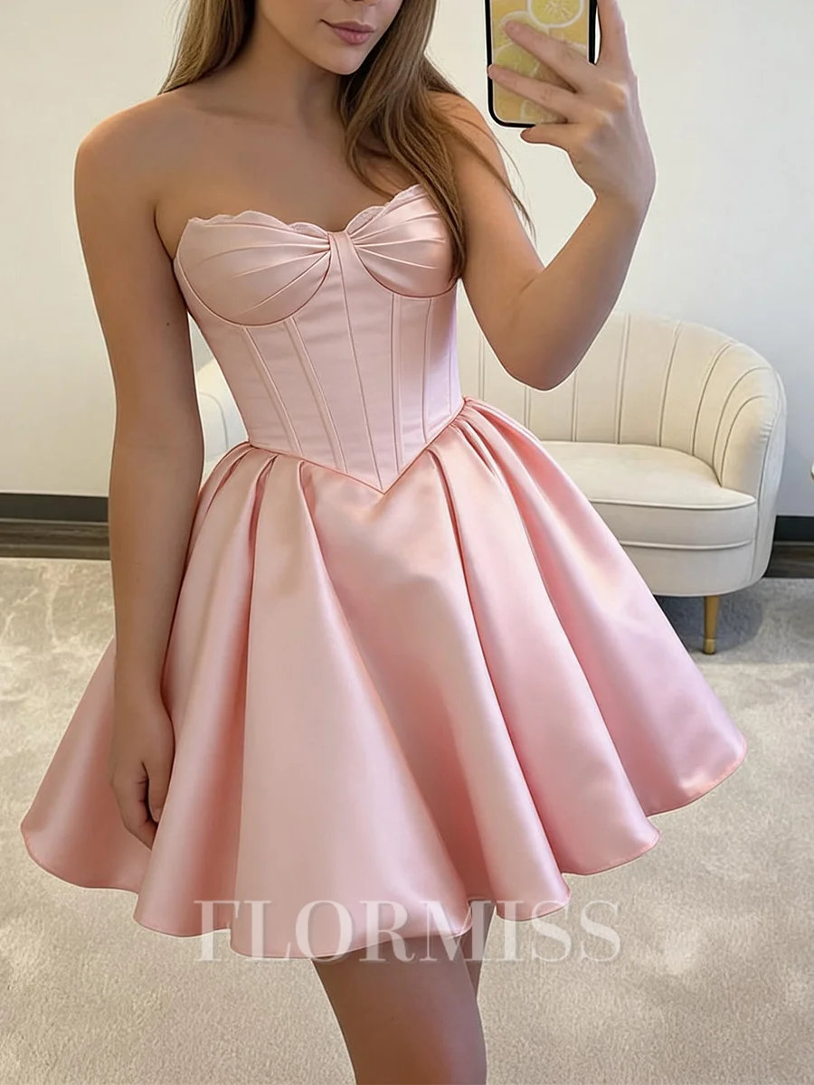 A-line kjole Sweetheart Plissert Kort/Mini Sateng Korsett Motekjoler