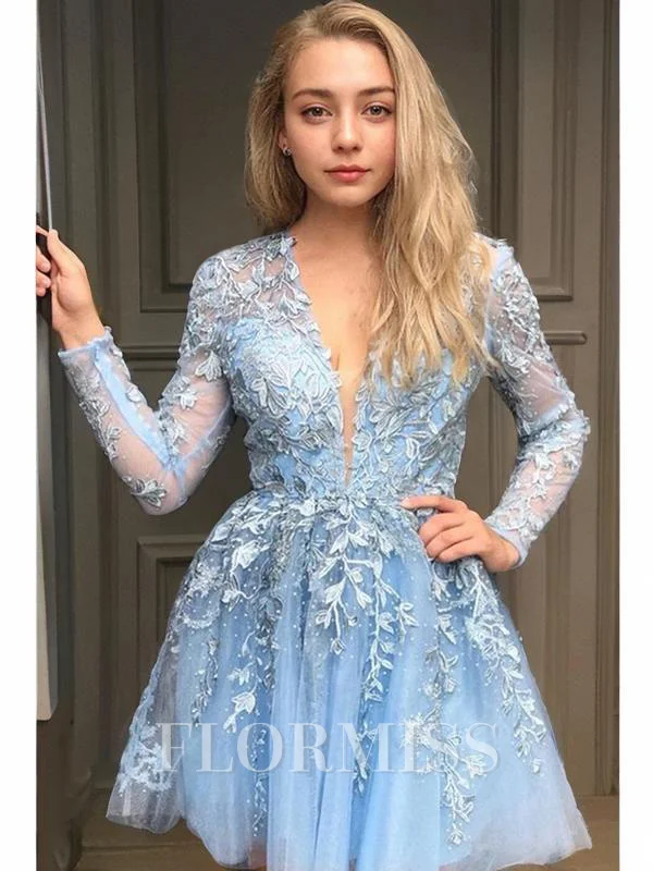 A-line kjole V-hals Kort/Mini Blonder Motekjoler med Applikasjoner Blonder