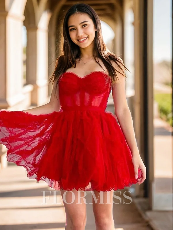 A-line kjole Sweetheart Volanger Kort/Mini Tyll Korsett Kjole