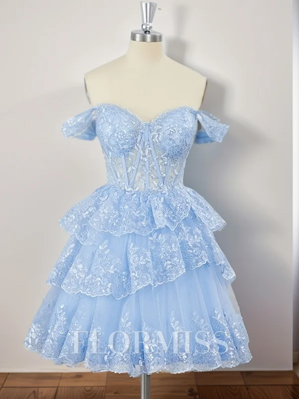 Ballkjole/Prinsesse Tyll Bare Skuldre Applikasjoner Blonder Korsett Kort/Mini Kjole