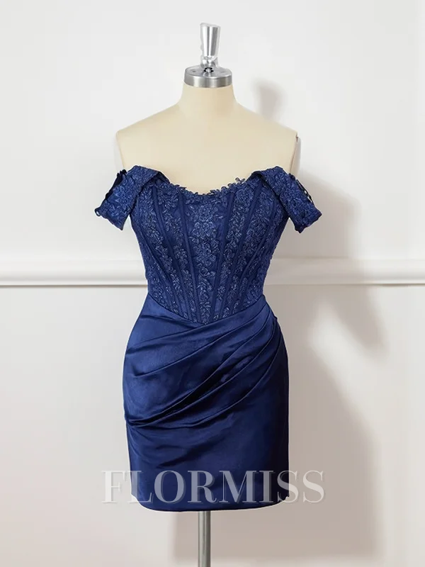 Sheath Silk Like Satin Off-the-Shoulder Appliques Lace Corset Short/Mini Dress