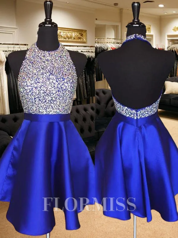 A-line kjole Halterneck Kort/Mini Satin Motekjoler med Profilering