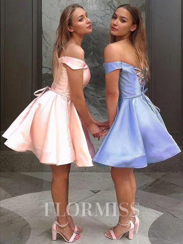 A-line kjole Bare Skuldre Kort/Mini Satin Motekjoler med Volanger