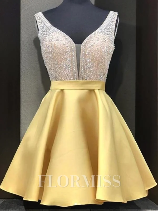 A-line kjole V-hals Kort/Mini Satin Motekjoler med Profilering