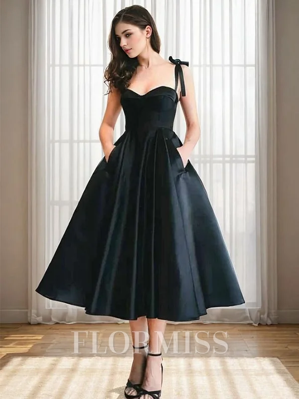 A-line kjole Sweetheart Volanger Te-Lengde Satin Kjole