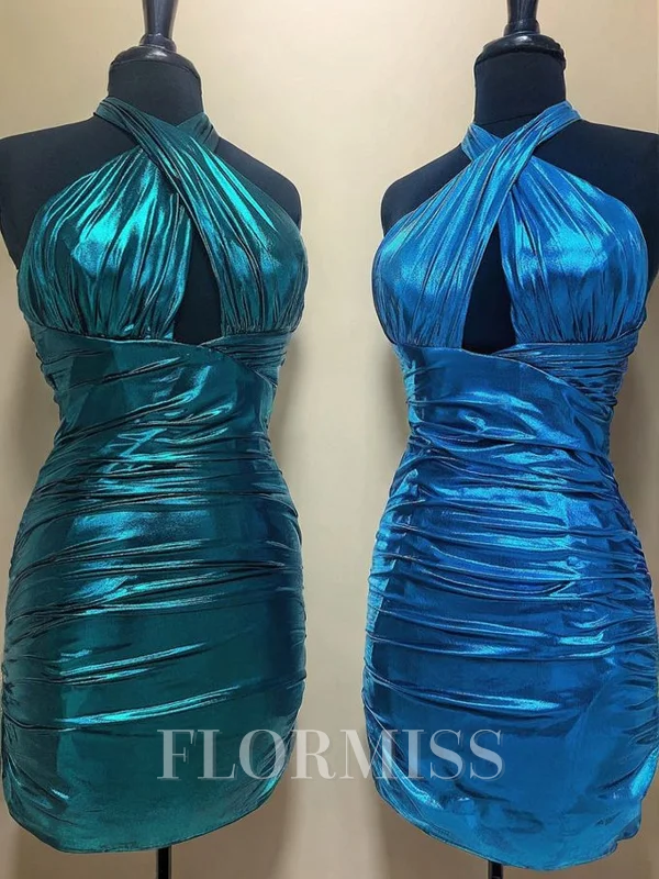 Sheath Halterneck Plissert Kort/Mini Metallic Satin Kjole