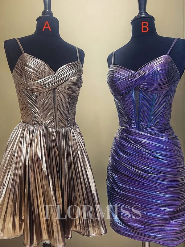 A-line kjole Spaghetti Plissert Kort/Mini Metallic Satin Korsett Kjole