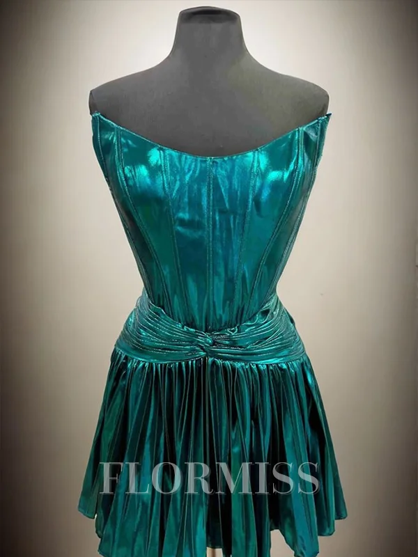 A-line kjole Rett Plissert Kort/Mini Metallic Satin Korsett Kjole