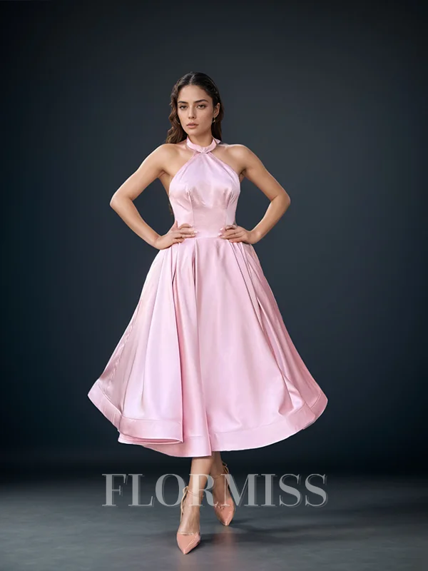 A-line kjole Halterneck Bue Te-Lengde Satin Kjole