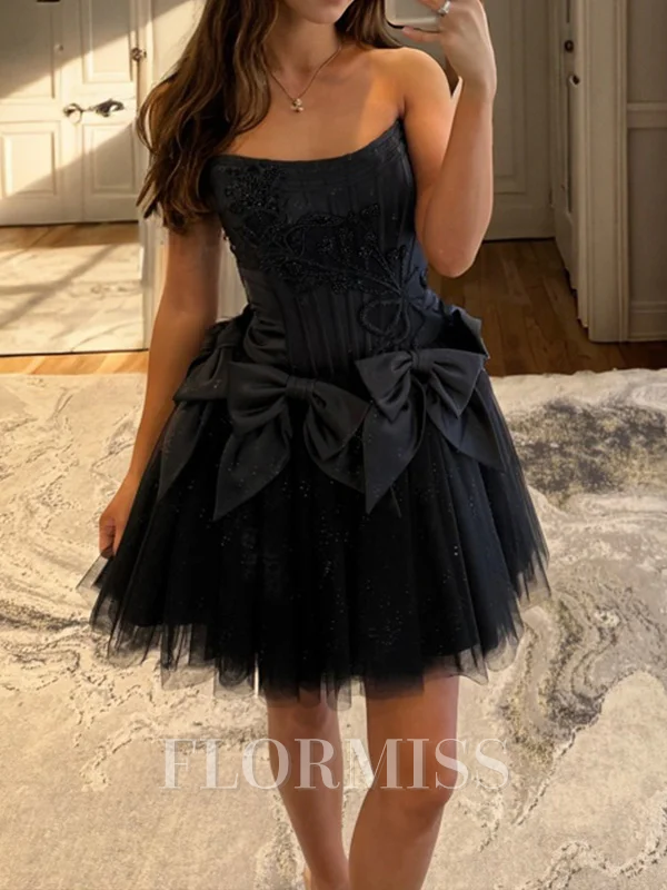 A-line kjole Rett Bue Kort/Mini Satin Korsett Kjole