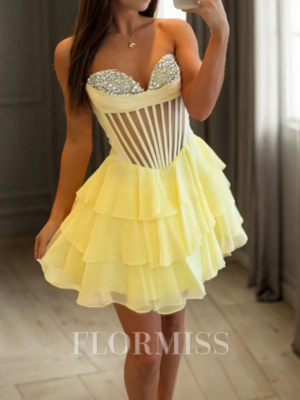A-line kjole Sweetheart Brusende Volanger Kort/Mini Satin Korsett Kjole
