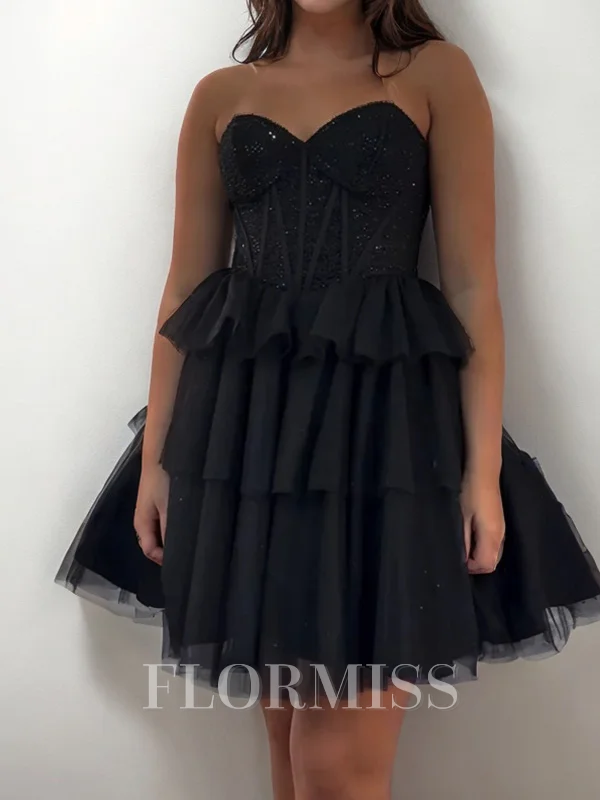 A-line kjole Sweetheart Brusende Volanger Kort/Mini Tyll Korsett Kjole