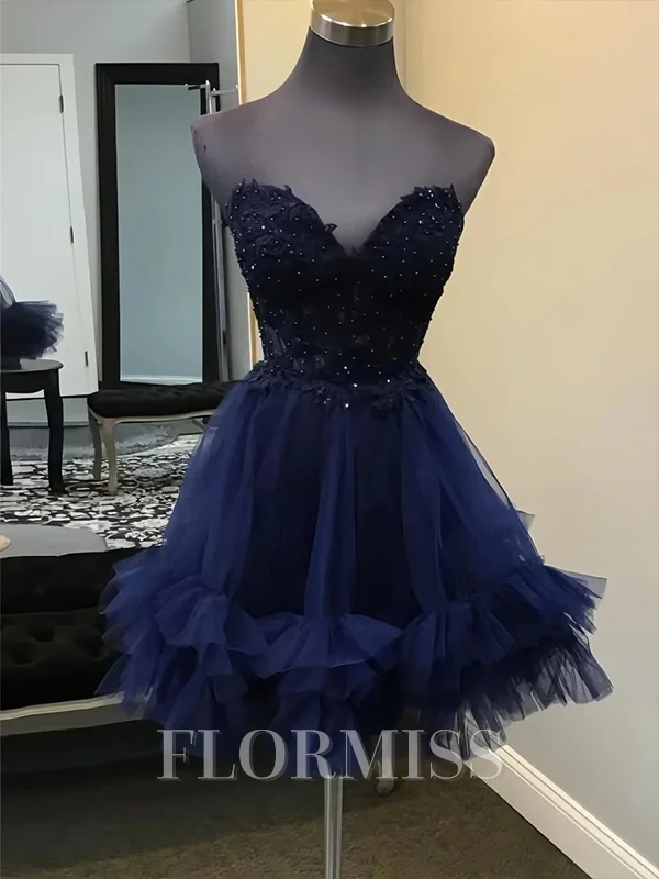 A-line kjole Sweetheart Volanger Kort/Mini Tyll Korsett Kjole