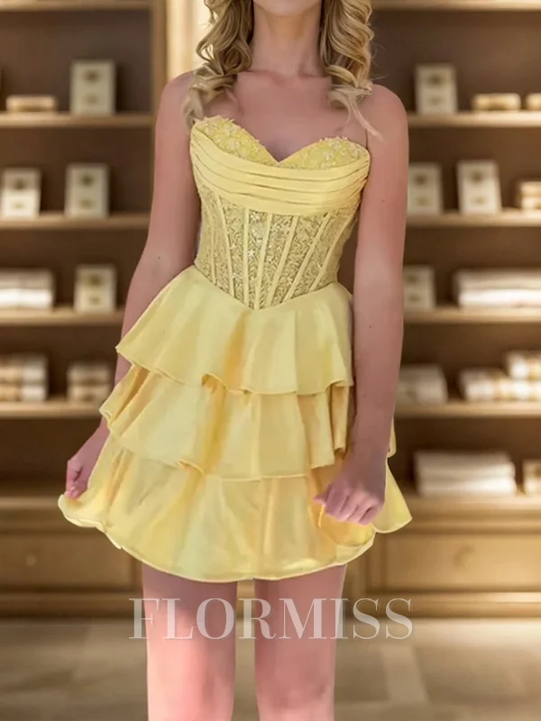 A-line kjole Sweetheart Brusende Volanger Kort/Mini Silkeeaktig Sateng Korsett Kjole
