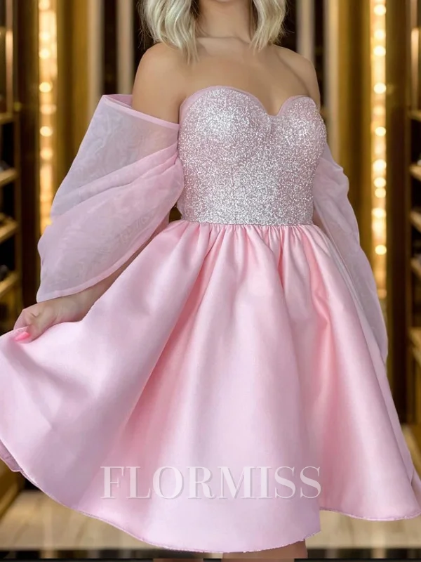 A-line kjole Sweetheart Kortermer Paljett Kort/Mini Satin Korsett Kjole