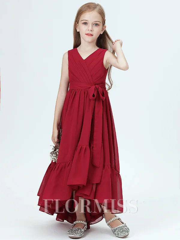 A-line kjole V-hals Asymmetrisk Chiffong Junior Brudepikekjoleres Med Belte/Sash
