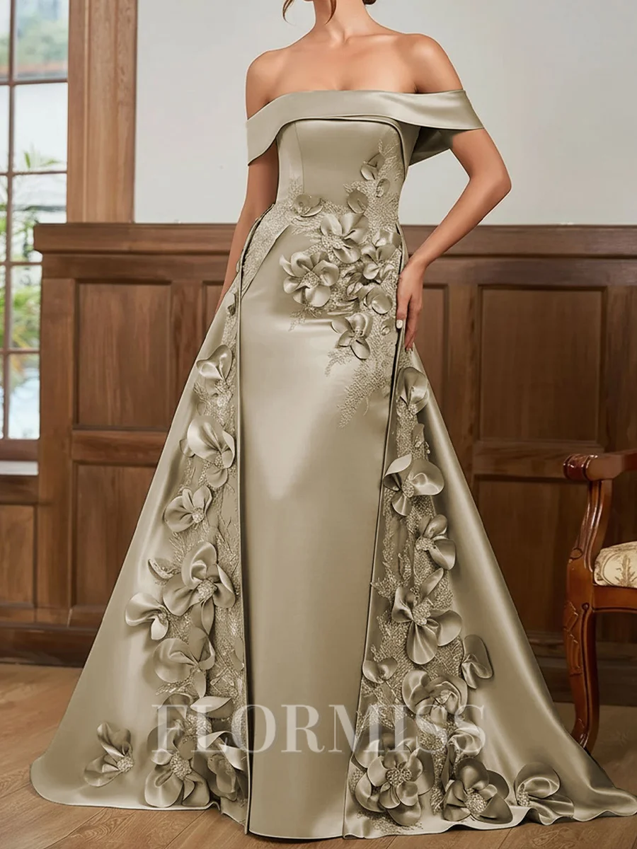 Sheath Bare Skuldre Blomst Gulvlengde Satin Korsett Brudens Mor Kjole
