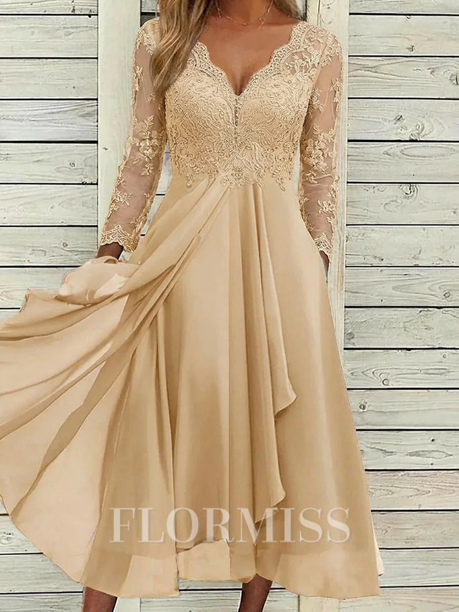 A-line kjole V-hals Trekvart ermer Applikasjoner Blonder Te-Lengde Chiffong Korsett Brudens Mor Kjole