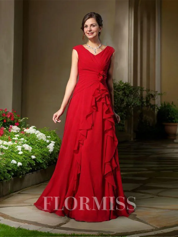A-line kjole V-hals Gulvlengde Chiffong Brudens Mor Kjolees Med Blomst