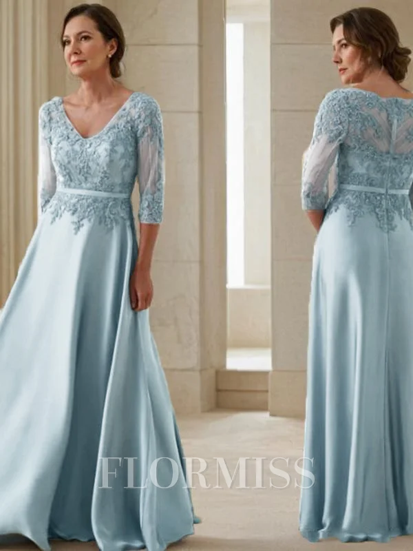 A-line kjole V-hals Gulvlengde Satin Brudens Mor Kjolees Med Applikasjoner Blonder