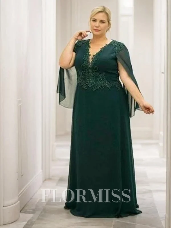 A-line kjole V-hals Gulvlengde 30D Chiffongg Brudens Mor Kjolees Med Applikasjoner Blonder