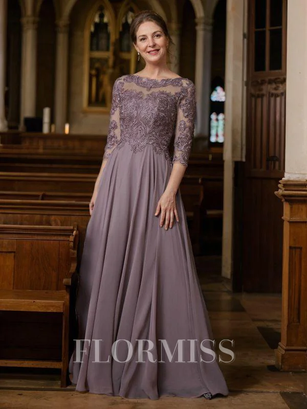 A-line kjole Scoop Chiffong Gulvlengde Brudens Mor Kjolees med Blonder